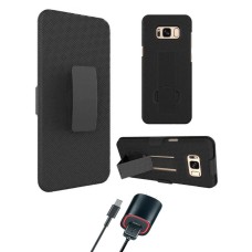 ElloGear New Samsung Galaxy S8 Shell Holster COMBO Extra Slim Rubber Textured Carrying Case with Kickstand & Swivel Belt Clip (Case & Home Charger) 