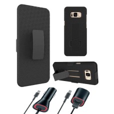 ElloGear New Samsung Galaxy S8 Shell Holster COMBO Extra Slim Rubber Textured Carrying Case with Kickstand & Swivel Belt Clip (Case & Car Charger) 